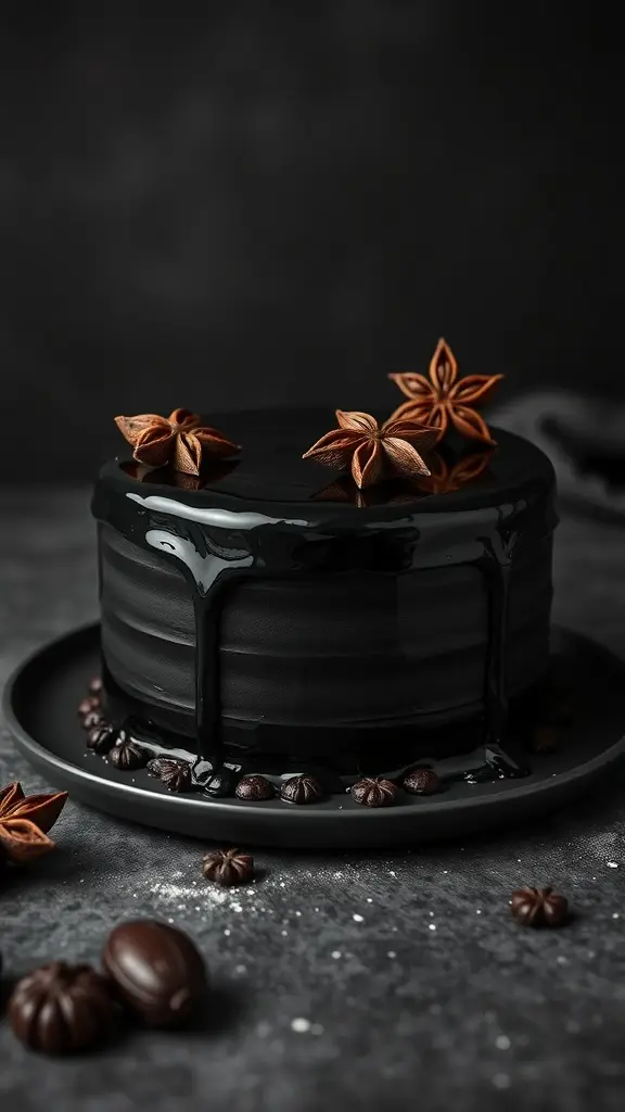 A black licorice cake with a glossy black glaze and star anise decoration.