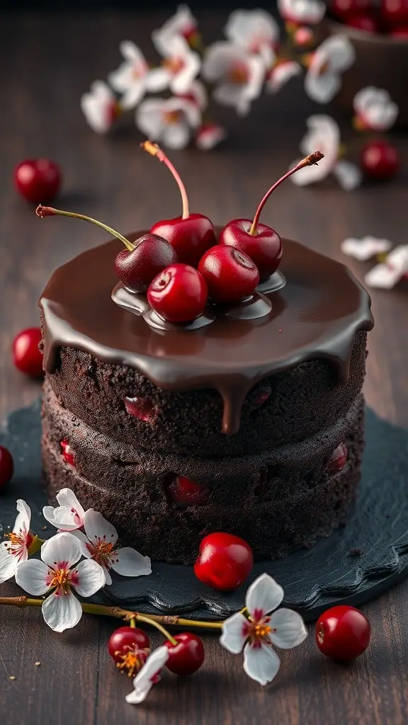 A beautifully layered chocolate cake topped with cherries and chocolate ganache, surrounded by cherry blossoms.