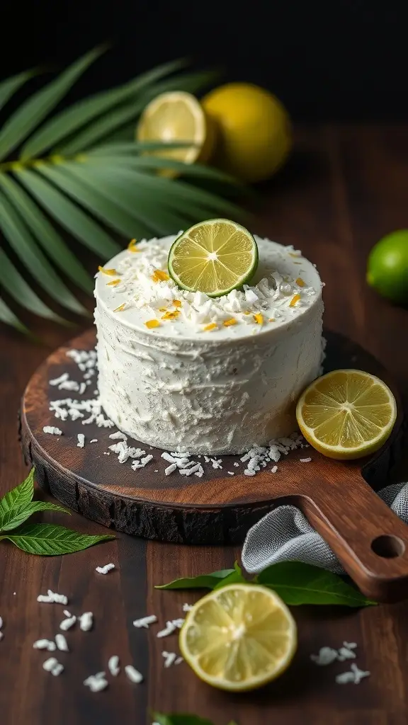 A beautifully frosted Coconut Lime Cake topped with lime slices and coconut flakes on a wooden board.