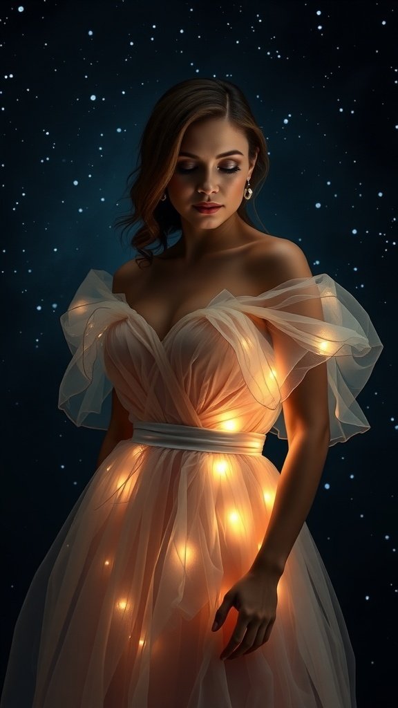 A luminous organza ball gown with lights, set against a starry background.