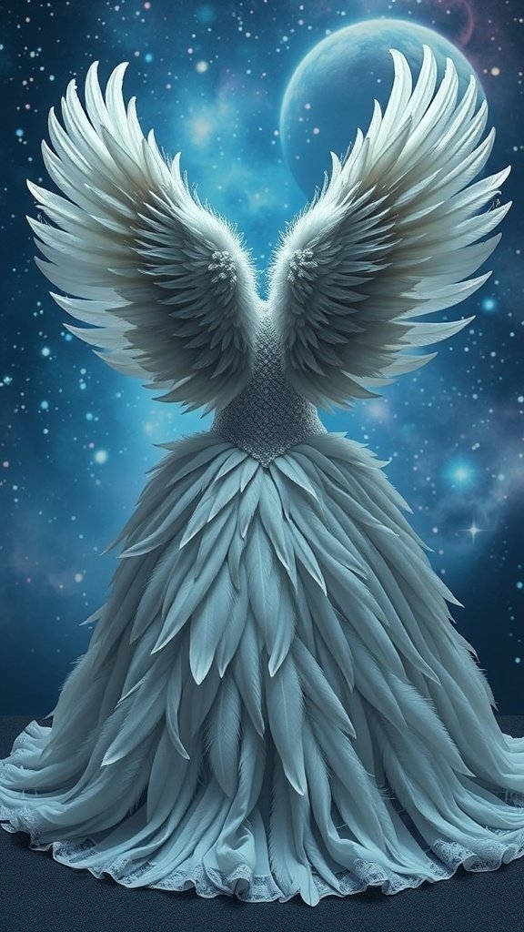 A stunning ball gown made of feathers, resembling angel wings, set against a cosmic background.