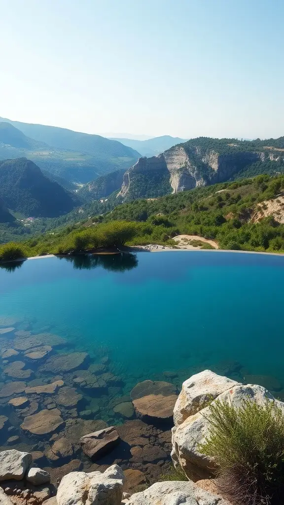 A natural swimming area with clear water, surrounded by rocky formations and lush greenery, overlooking a scenic landscape.