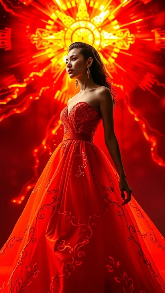 A stunning ball gown inspired by solar flares, glowing in vibrant reds and oranges against a starry background.