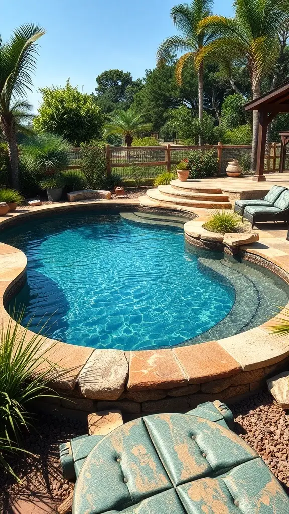 Natural filter system in a rustic swimming area with lily pads and greenery