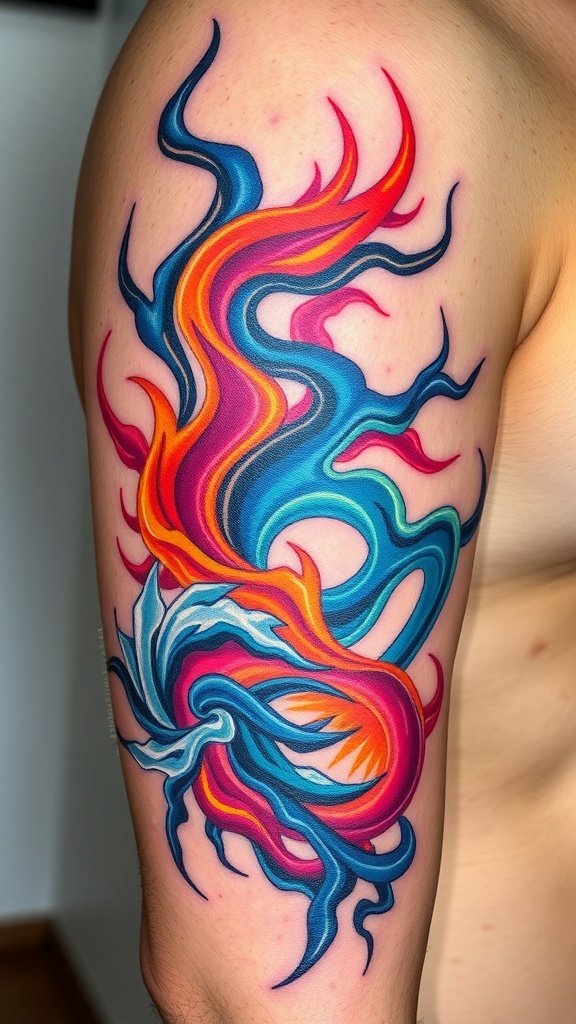 Futuristic body tattoo art inspired by Star Wars, featuring vibrant colors and dynamic energy waves.