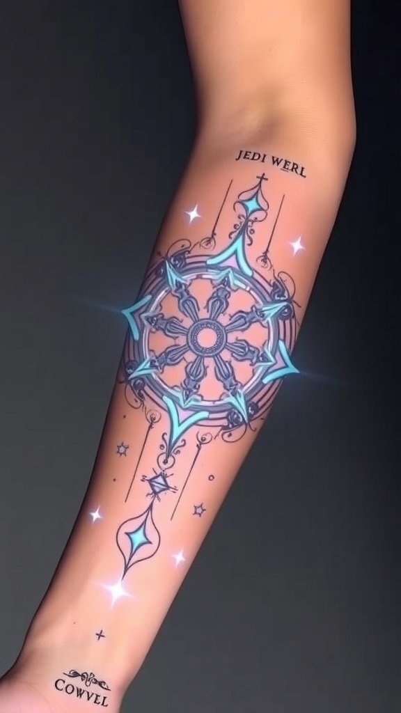 A close-up of a tattoo featuring a Jedi-inspired design on a person's shoulder.