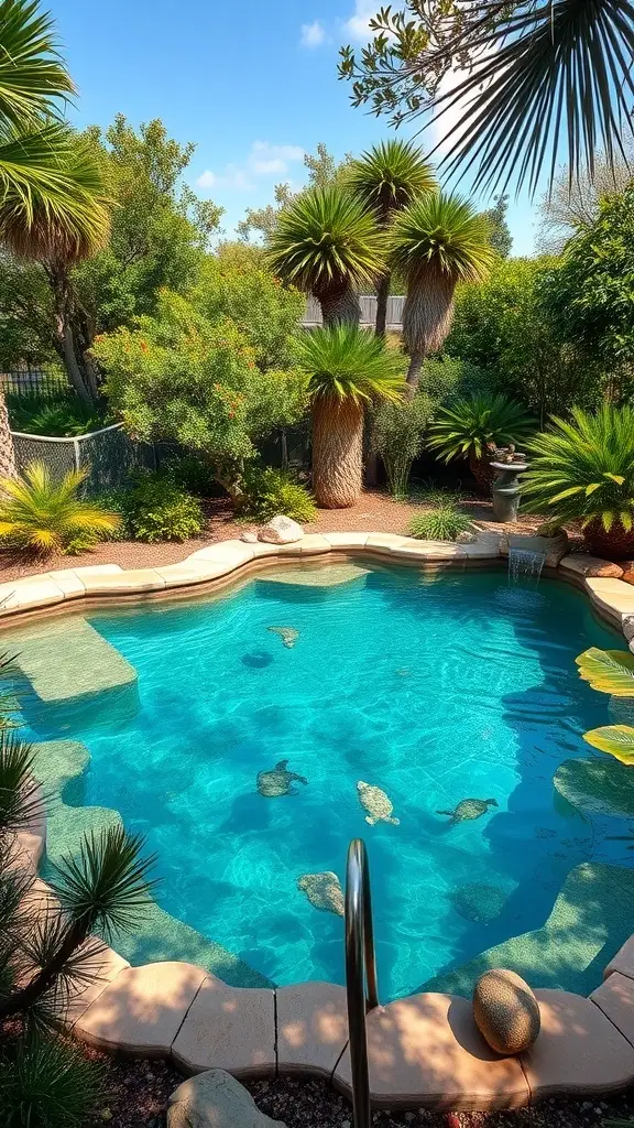 A serene natural swimming area with fish and aquatic plants, surrounded by logs and greenery.
