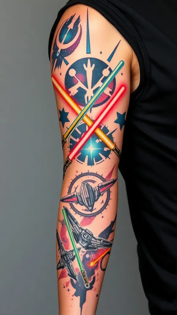 A close-up of a tattoo featuring stylized text inspired by Star Wars quotes on a person's forearm.