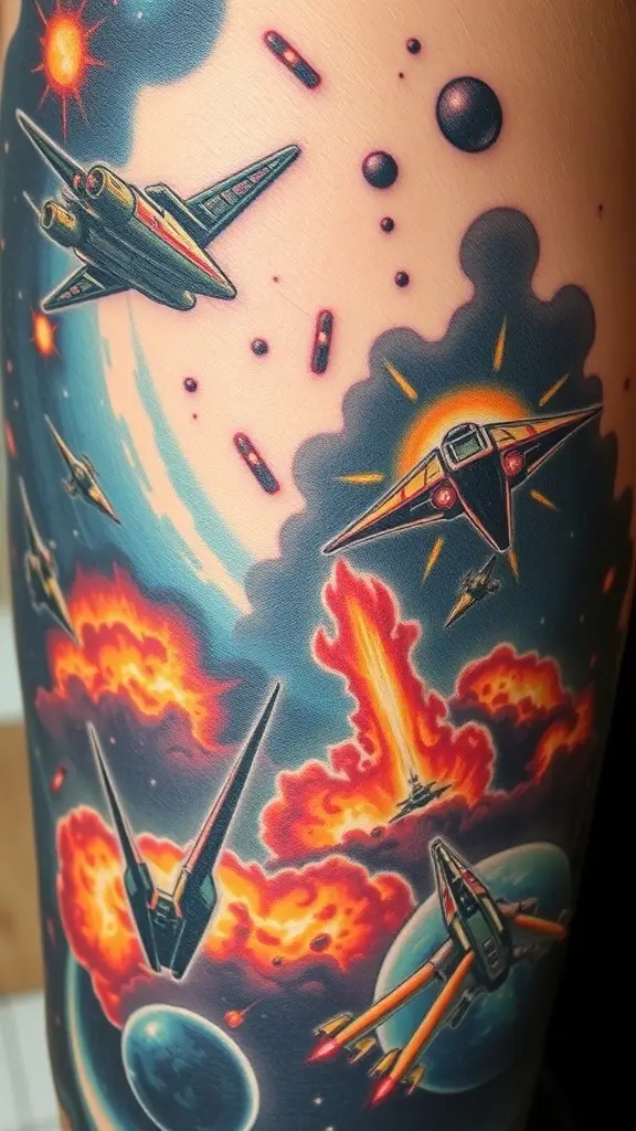 A vibrant tattoo featuring cosmic battle scenes with spaceships and explosions.