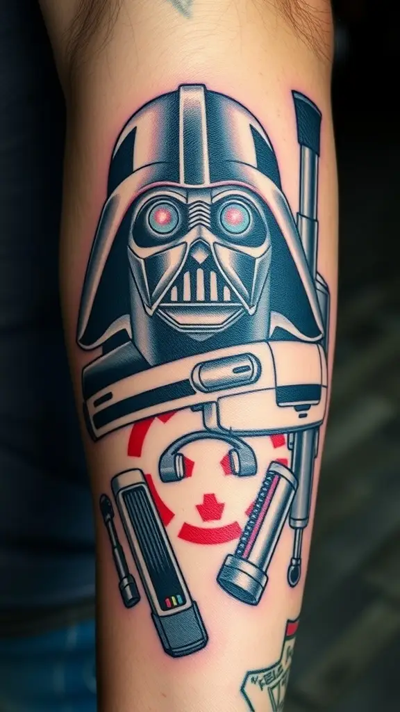 Tattoo art featuring a character's helmet and various gadgets from Star Wars