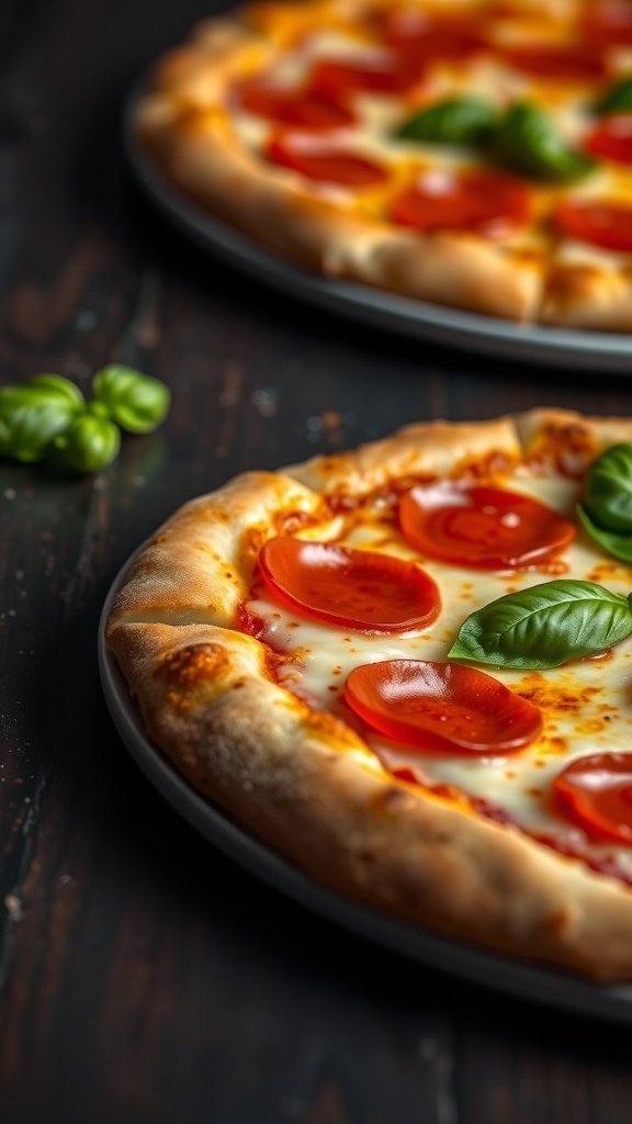 A delicious pepperoni pizza with fresh basil leaves on top, showcasing a crispy crust and melted cheese.
