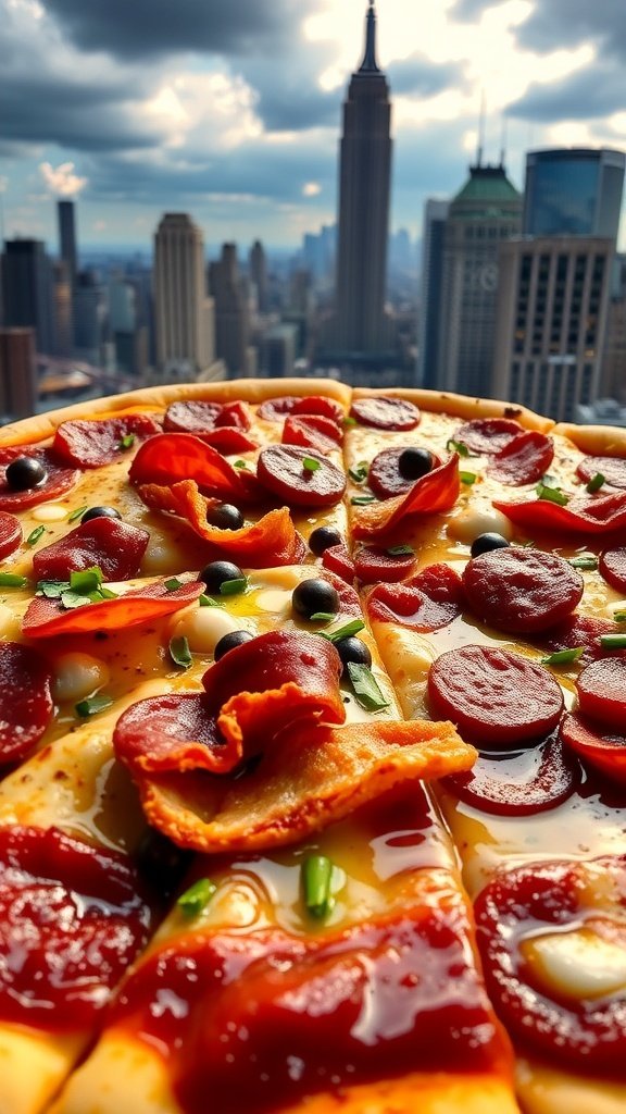 A delicious pizza topped with various meats and eggs, set against a Gotham City skyline.