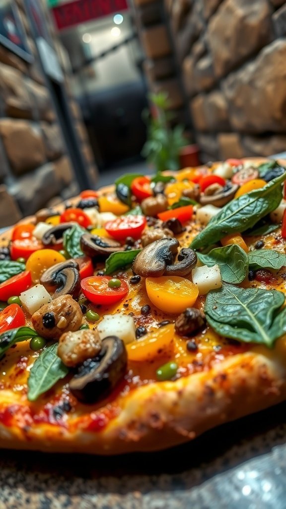 A vegetarian pizza topped with bell peppers, mushrooms, and spinach, set in a cozy alleyway.