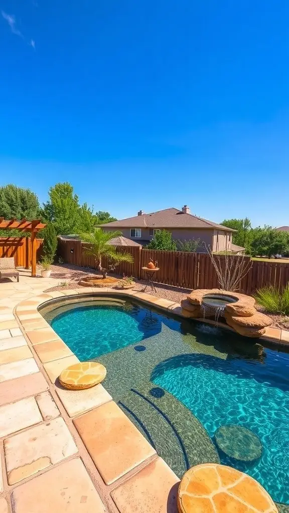 A serene swimming area with a wooden tanning ledge and people relaxing in the sun.