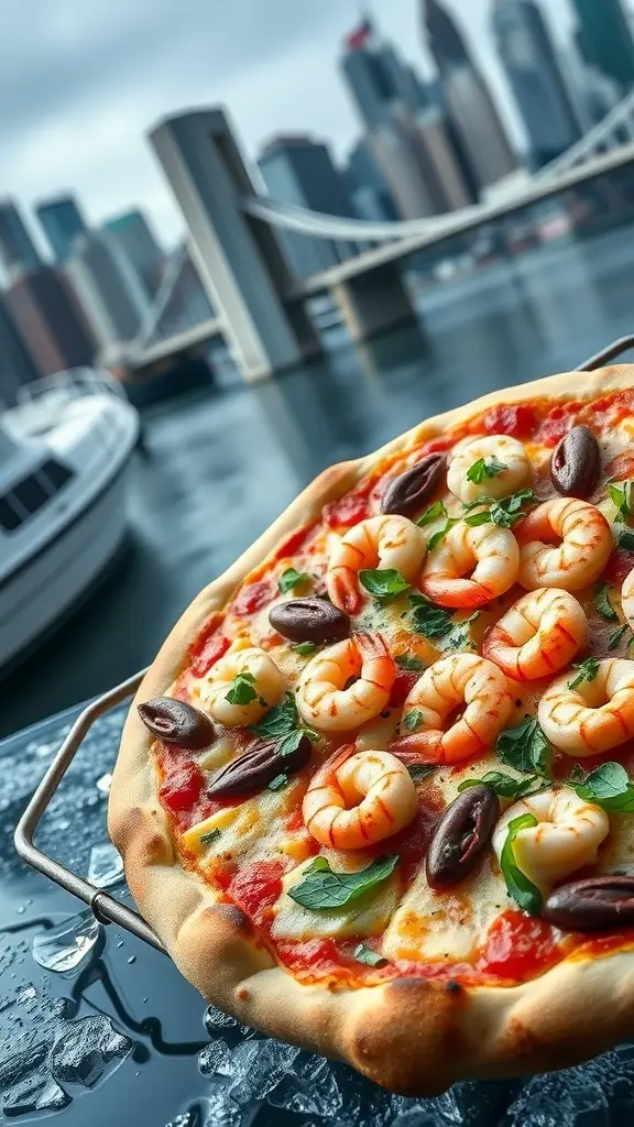 A delicious seafood pizza with shrimp and olives, set against a Gotham City skyline.