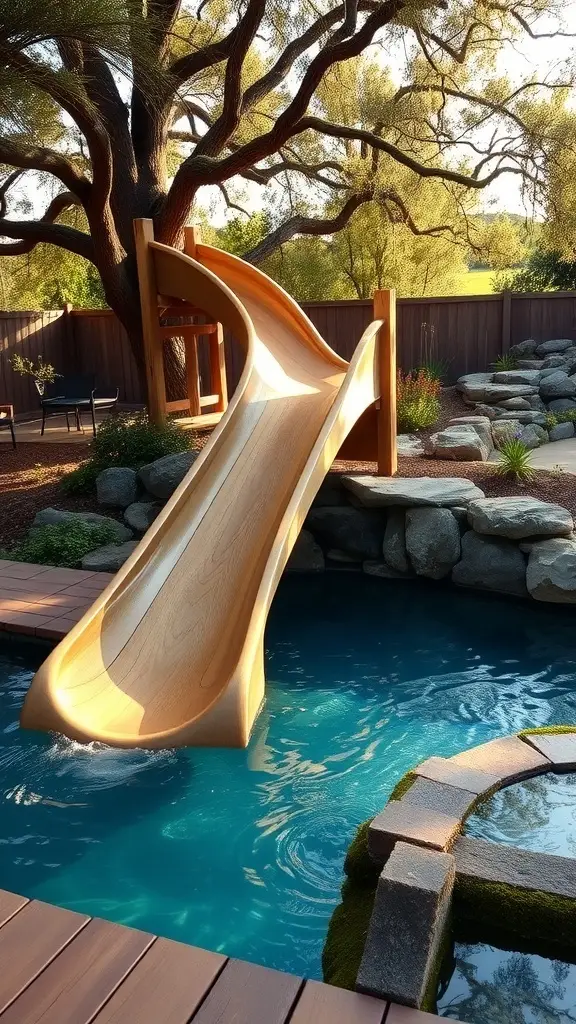 Wooden slide leading into a natural swimming pool surrounded by rocks and greenery