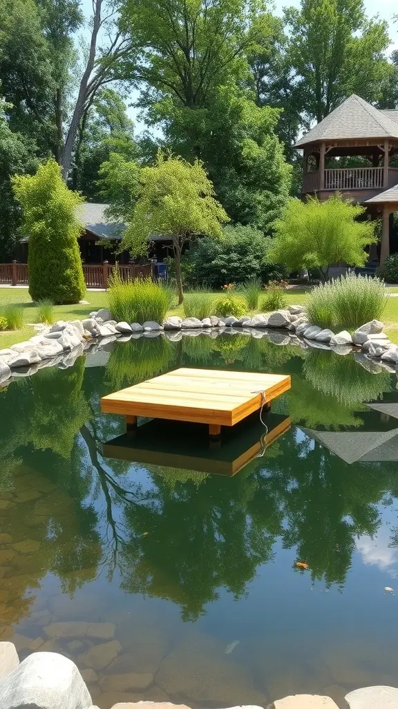 A wooden floating dock extending over clear blue water surrounded by lush greenery.