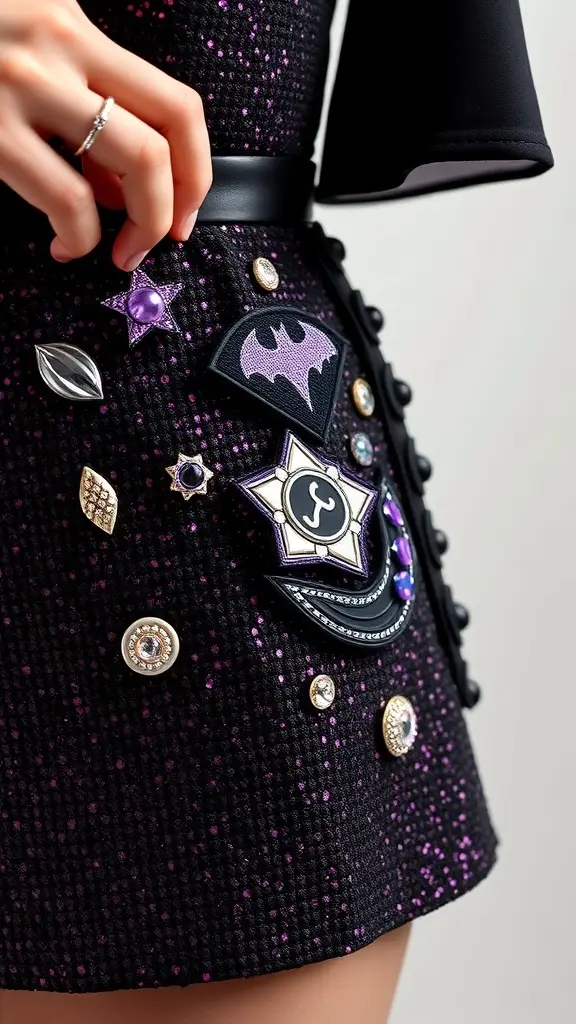Close-up of a glitter mini dress with custom embellishments including patches and gems.