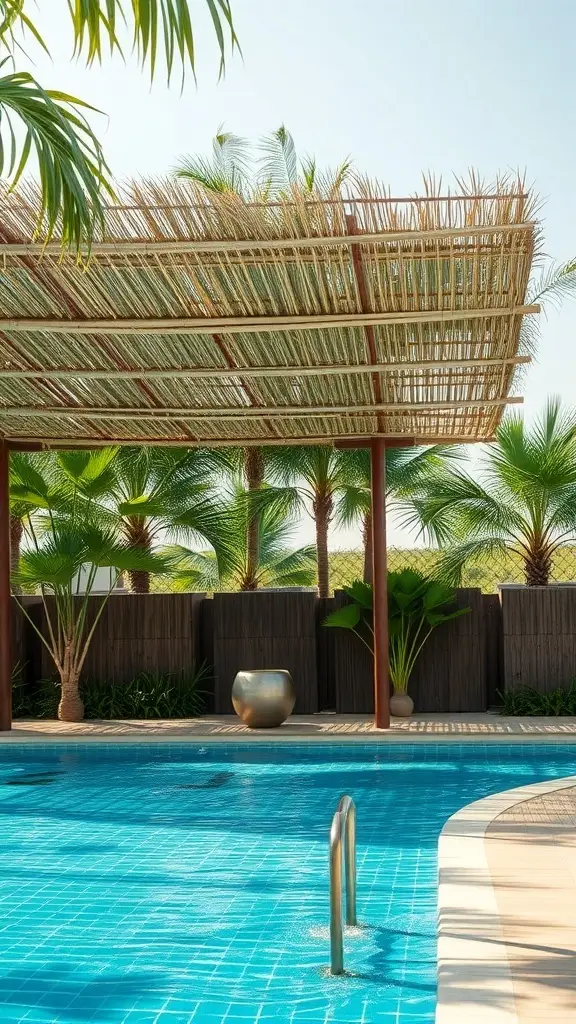 A natural shade structure over a swimming pool surrounded by palm trees and greenery.