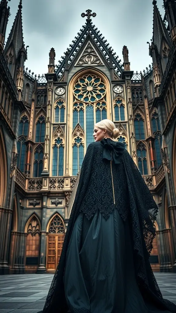 A woman in a black lace dress stands in front of a Gothic cathedral, showcasing the elegance of Gothic fashion.