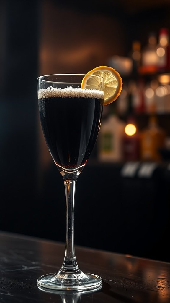 A Black Velvet cocktail in a glass with a lemon slice on the rim, set against a dark bar background.
