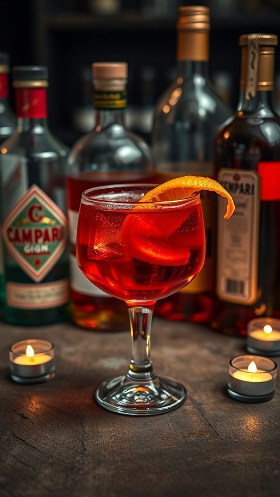 A Negroni cocktail garnished with an orange slice, surrounded by various liquor bottles and candles.