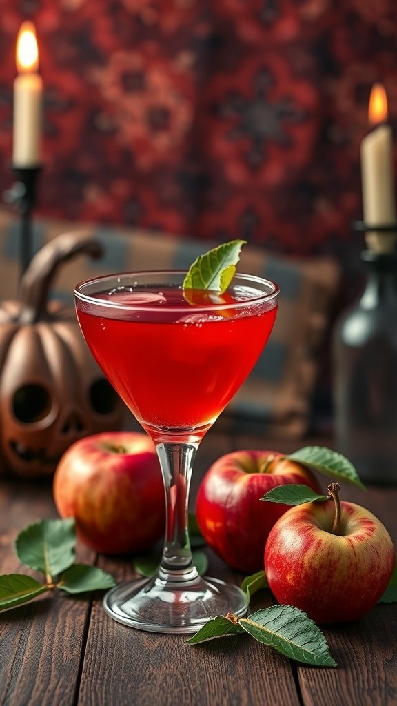 A vibrant red Poison Apple Cocktail in a glass, surrounded by fresh apples and leaves, with a spooky backdrop.