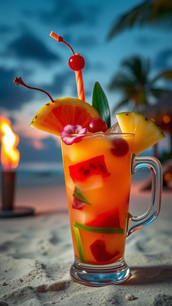 A vibrant Zombie Cocktail garnished with cherries and pineapple, set against a dark, moody background.
