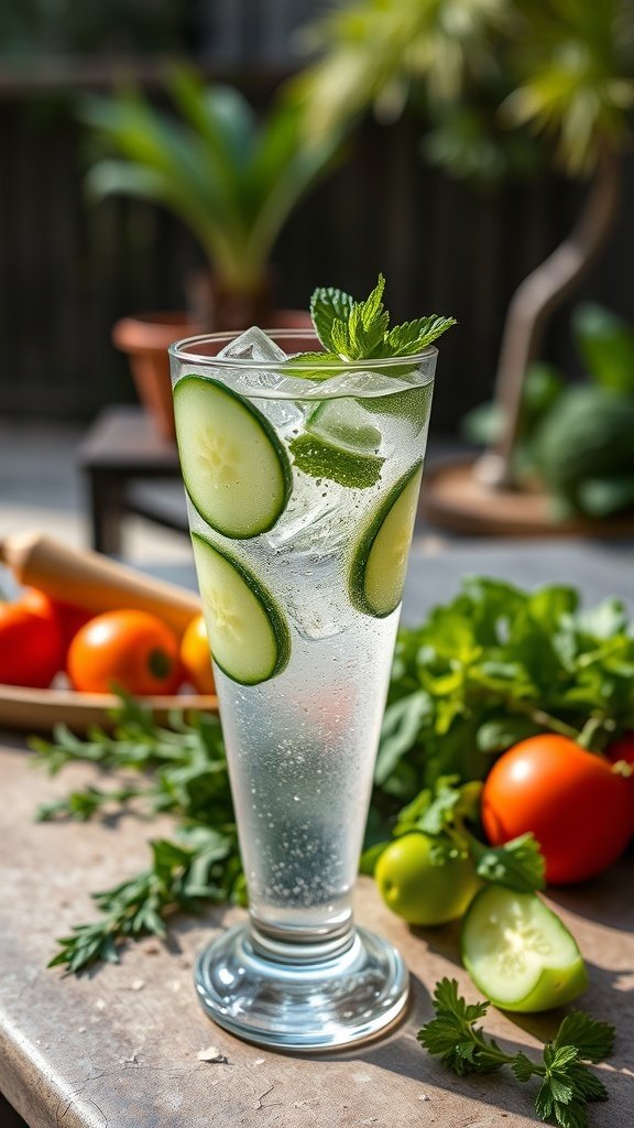 A refreshing Cucumber Collins cocktail in a tall glass with cucumber slices and mint, surrounded by fresh vegetables.