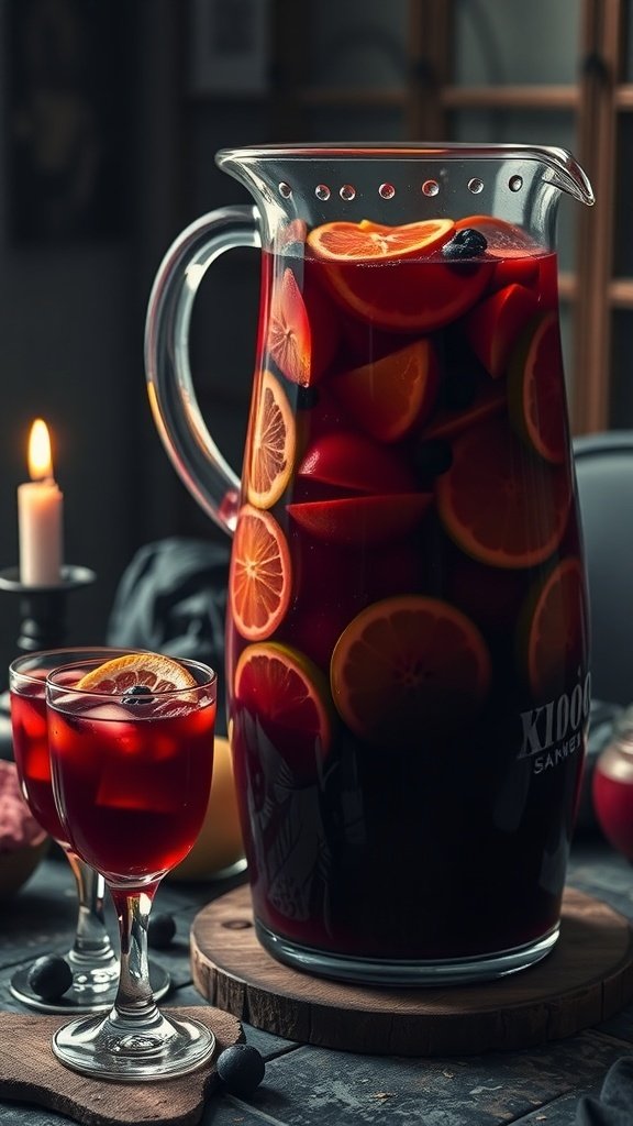A pitcher of red sangria filled with slices of orange, lemon, and mixed berries, alongside glasses of the drink, set in a dimly lit atmosphere.
