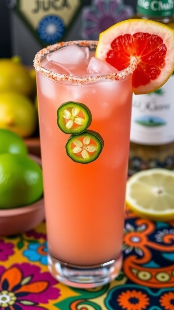 A vibrant Spicy Paloma cocktail garnished with grapefruit and jalapeño, served in a tall glass with a salted rim.