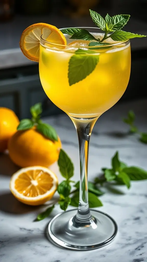 A Lemon Basil Gimlet cocktail garnished with lemon and basil, surrounded by fresh lemons.