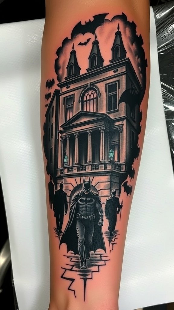 A dark alley in Gotham with a Batman-like figure, street lamps glowing, and a mysterious atmosphere.