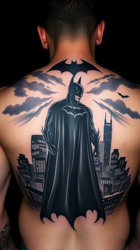 Silhouette of Batman against a moonlit Gotham skyline