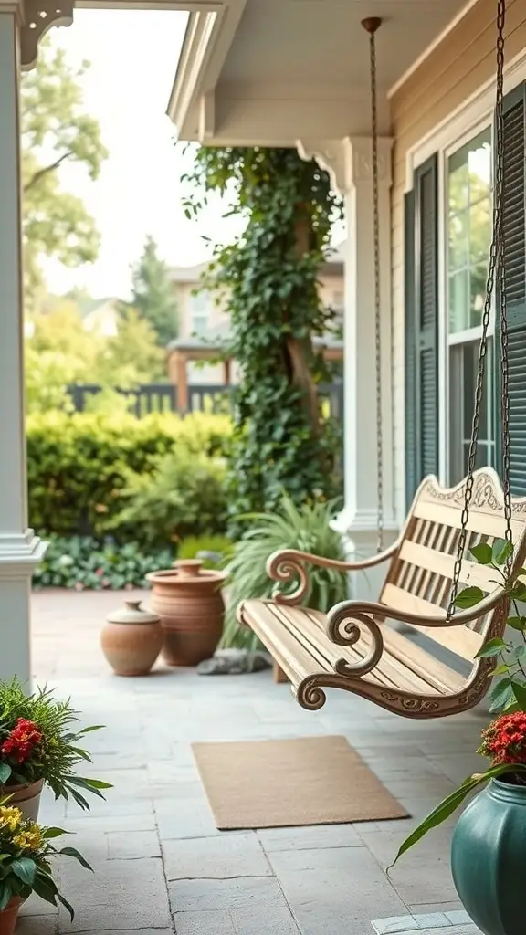 A cozy porch featuring a wooden 1920's porch swing surrounded by plants and greenery.