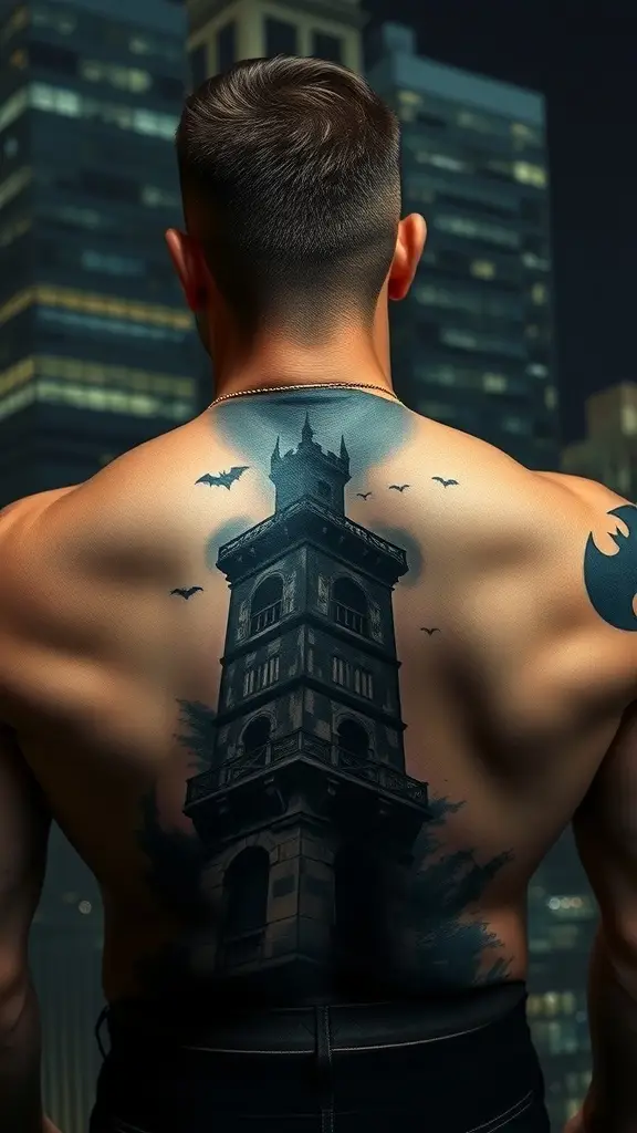 A dramatic Gotham skyline with a hand reaching out and a bat silhouette, embodying themes of vigilance and mystery.