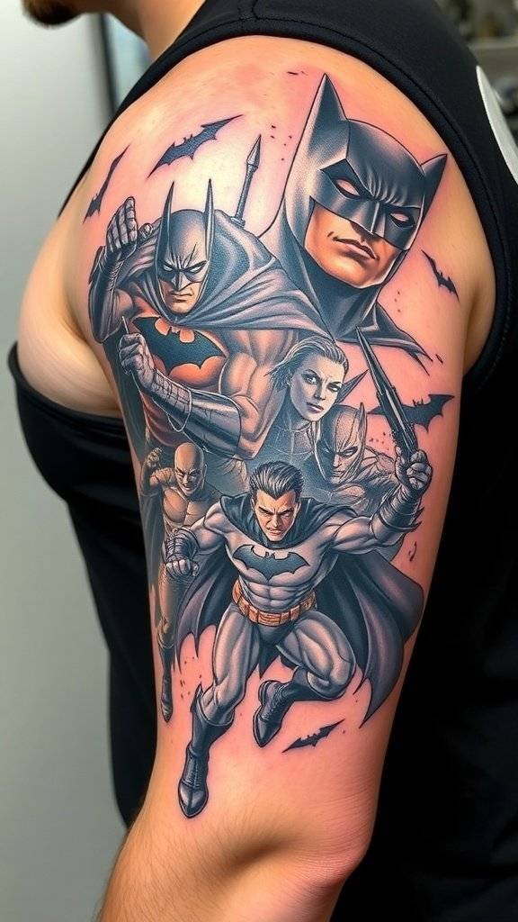 Large tattoo body art featuring multiple versions of Batman in action poses with bats in the background.