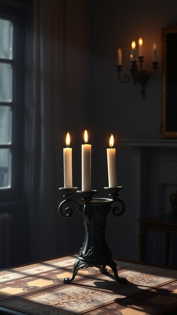 A gothic candle holder with flickering candles in a dimly lit room, casting shadows.