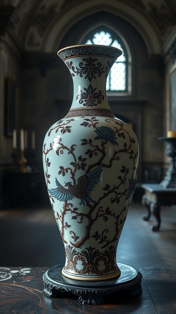 A beautifully crafted porcelain vase with intricate bird and floral designs, set in a Gothic mansion interior.
