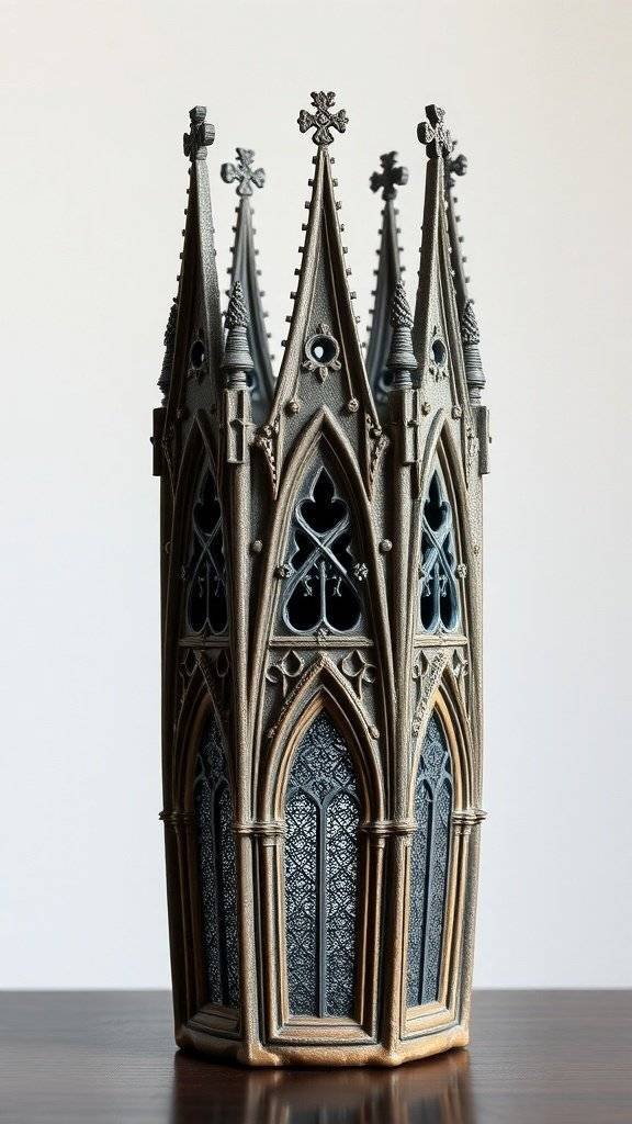 A gothic vase with intricate details and spires, inspired by gothic architecture.