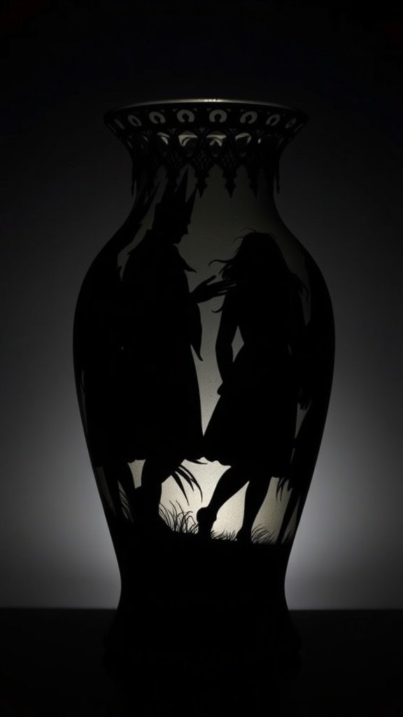 A gothic vase with bats silhouetted against a soft light.