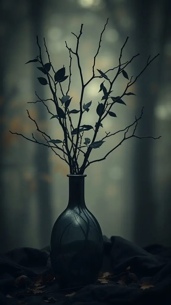 A black gothic vase with dark branches and leaves, featuring mysterious text.