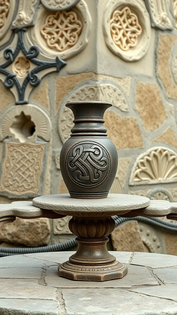 A decorative vase with Celtic knot patterns on a pedestal, set against a textured wall with various designs.