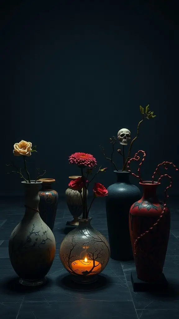 A collection of gothic vases with flowers and a skull, illuminated by candlelight.