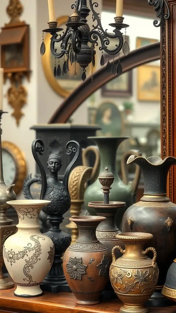 A collection of gothic vases displayed elegantly with a chandelier in the background.