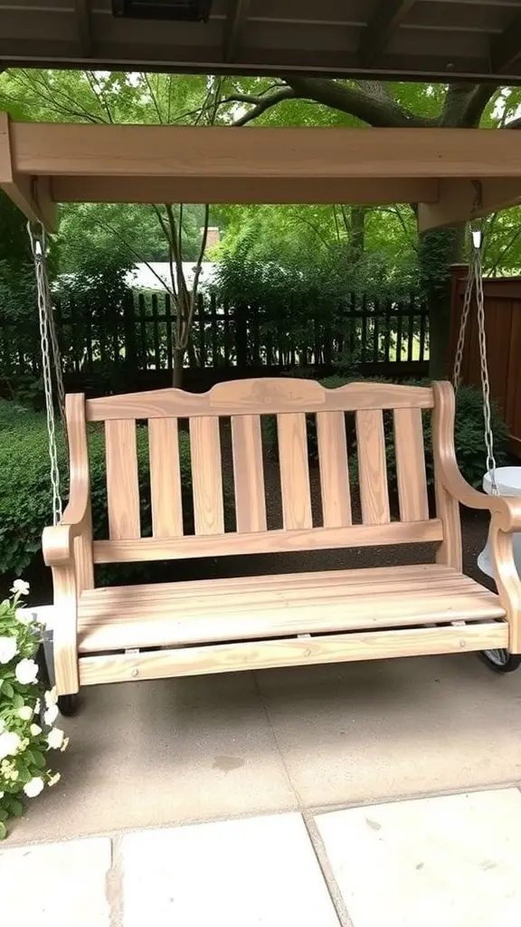 A vintage 1920's porch swing hanging under a tree, surrounded by flowers and greenery.
