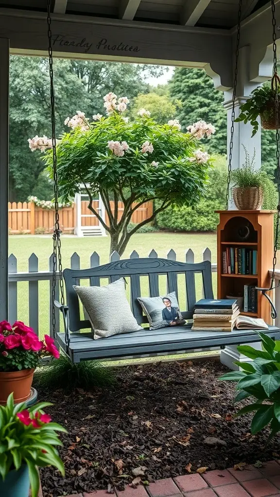 A cozy outdoor reading nook featuring a 1920's porch swing, books on a shelf, and colorful flowers.