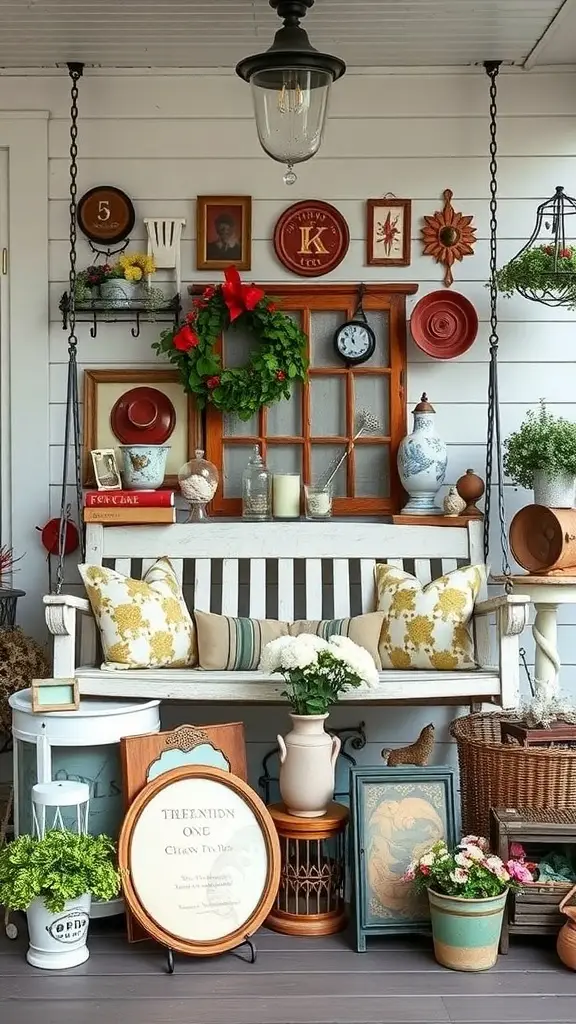 A cozy outdoor space featuring a 1920's porch swing surrounded by vintage decor and accessories.