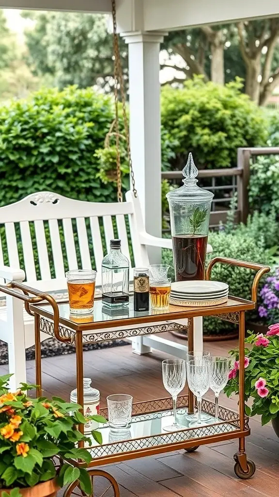 A stylish bar cart with drinks and glassware next to a white porch swing surrounded by greenery.