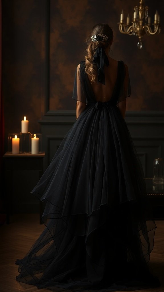 A model wearing a black tulle gown with an open back, styled with a hair accessory, set in a dimly lit room with candles.